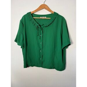 Tailor & Twirl Green Pleated Collar Tie Neck Button Up Blouse Womens 3X Retro
